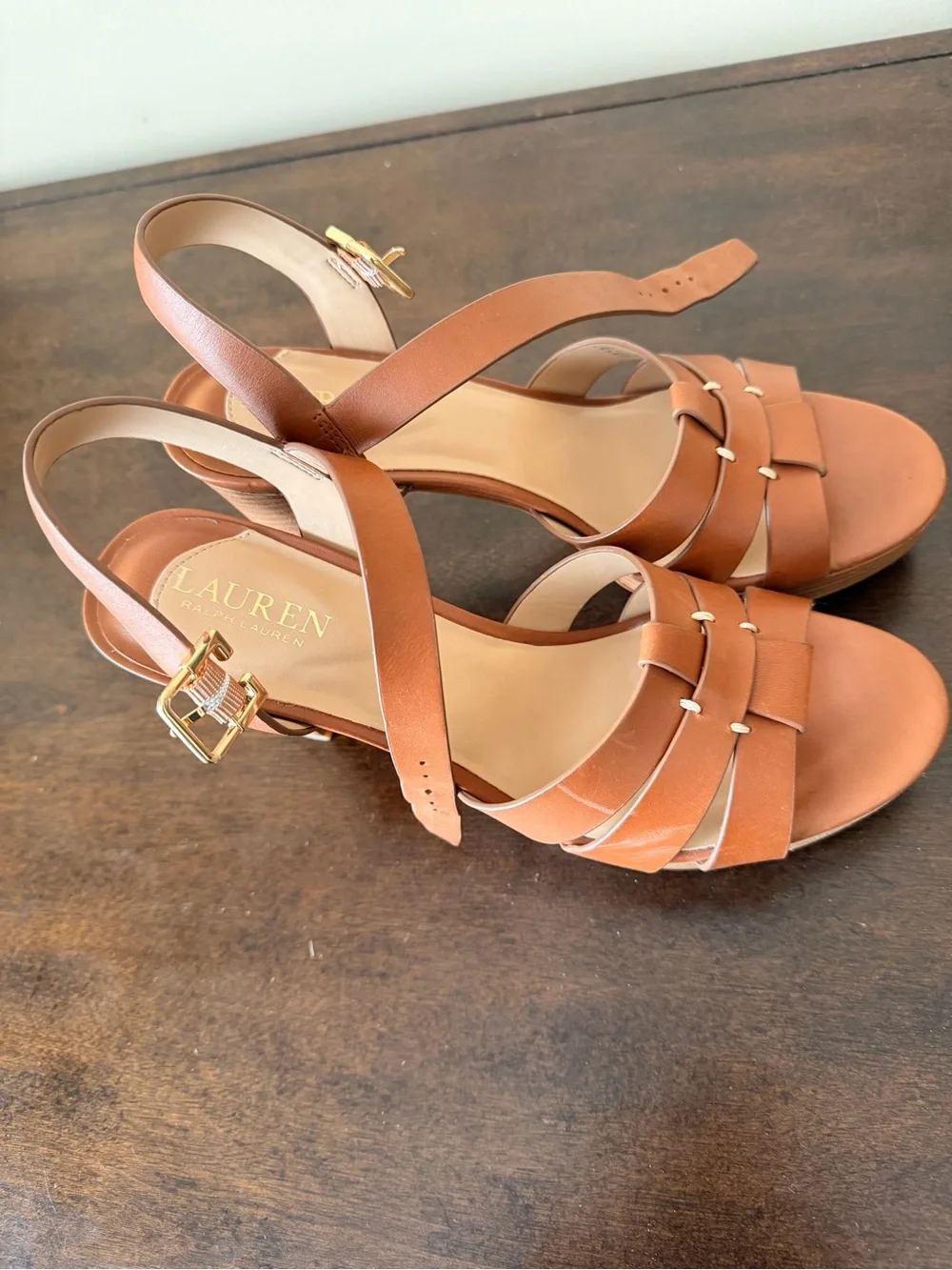 Ralph Lauren Cognac Brown Leather Platform Sandals